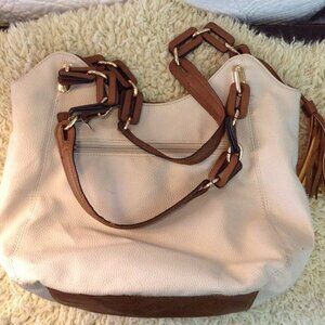 Faux Leather, Off White and Tan purse; with Tassels, Clean, Shoulder Bag, Boho